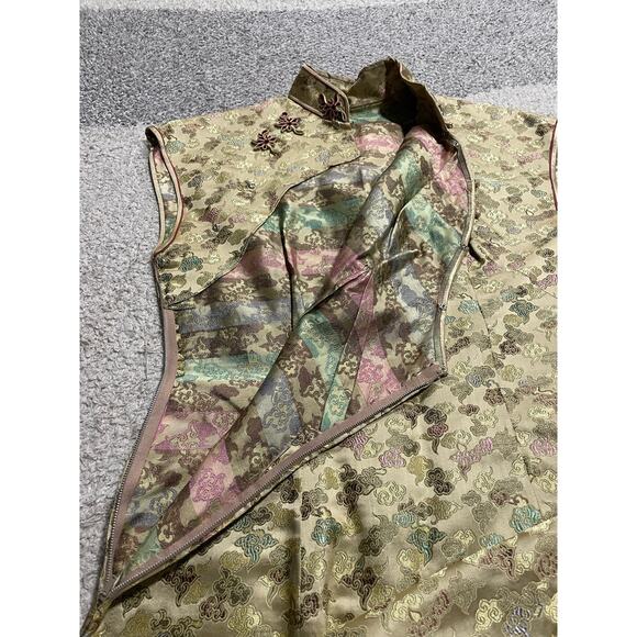 VTG Silk Chinese Qipao Dress Cheongsam 1960's Midi Mandarin Collar Yellow 60's - Picture 9 of 10